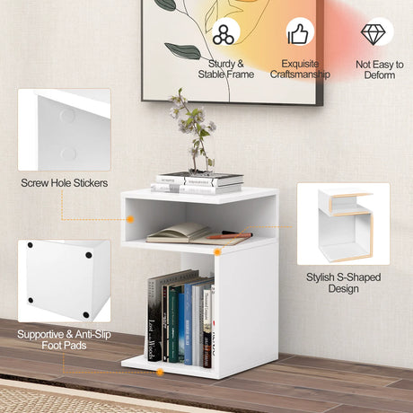 S-Shaped Side Table with Unique S-shaped Frame and 2 Open Compartments-White