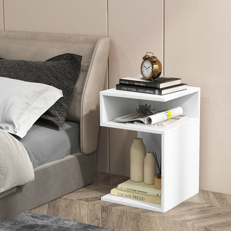 S-Shaped Side Table with Unique S-shaped Frame and 2 Open Compartments-White