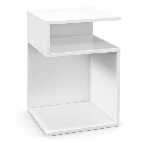 S-Shaped Side Table with Unique S-shaped Frame and 2 Open Compartments-White