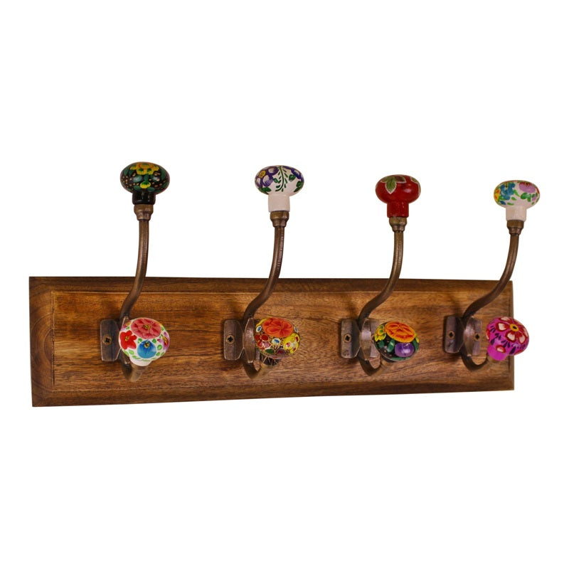 Mexican Floral Ceramic Hooks on Wooden Base