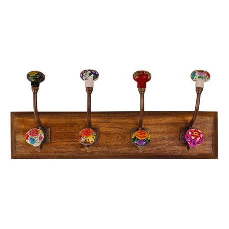 Mexican Floral Ceramic Hooks on Wooden Base