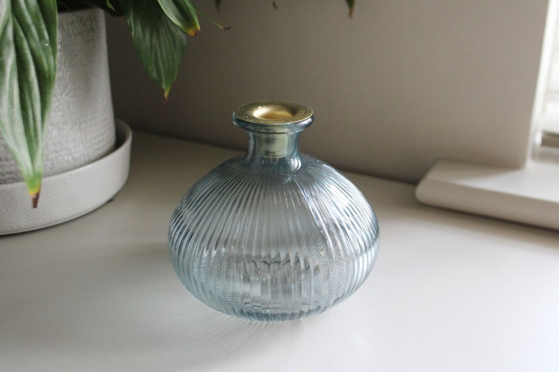 Blue Ribbed Glass Candle Holder