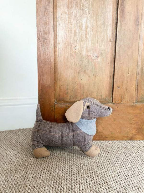 Tartan Fabric Sausage Dog Doorstop with Grey Bandana