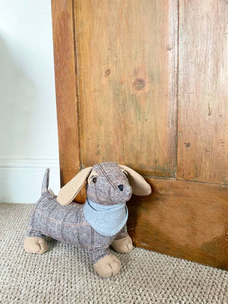 Tartan Fabric Sausage Dog Doorstop with Grey Bandana