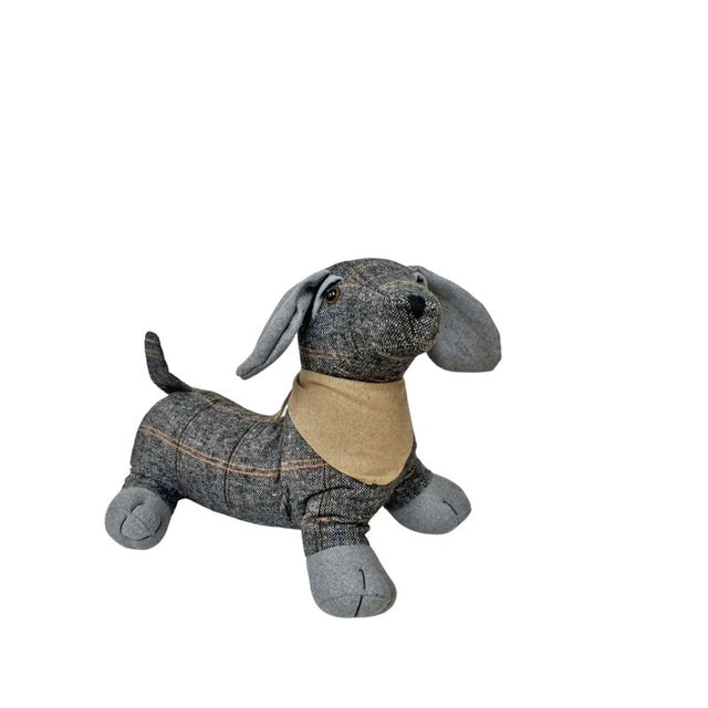 Tartan Fabric Sausage Dog Doorstop with Natural Bandana