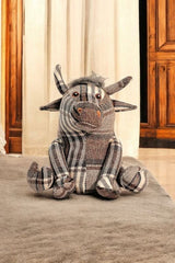 Grey Fabric Tartan Bull Doorstop 30cm