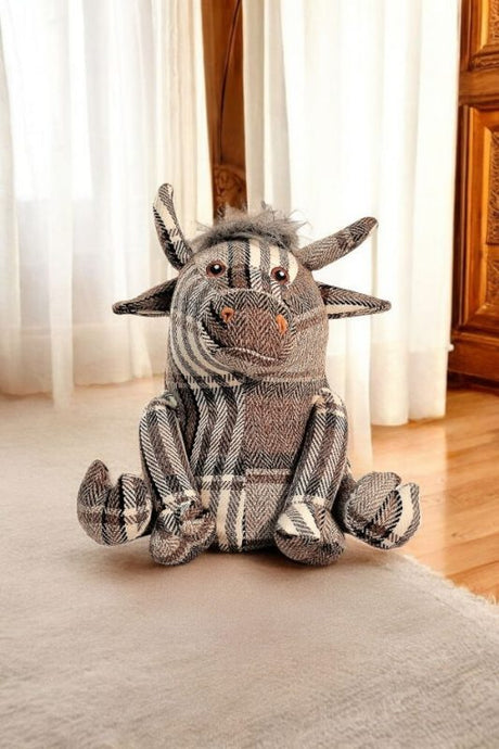 Grey Fabric Tartan Bull Doorstop 30cm