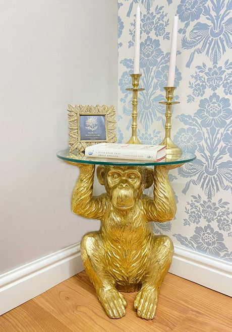 Gold Chimp With Glass Top Side Table