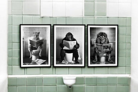 Set of 3 Animal's on the Toilet Framed Canvas 20x25cm