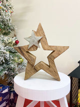 Wood & Silver Metal Star Decoration 20cm