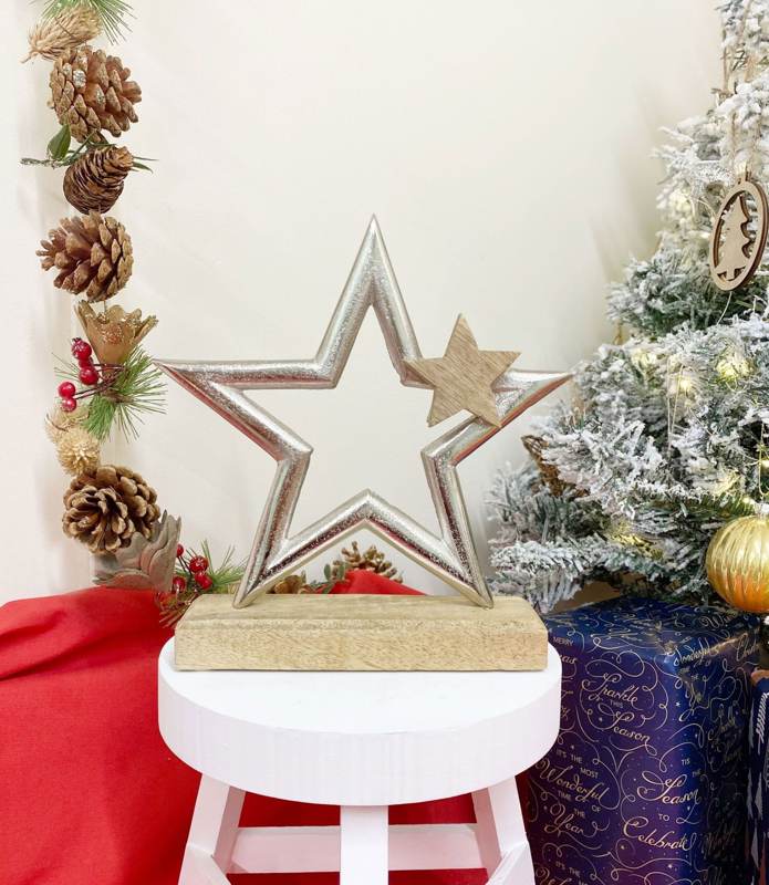 Silver Star On Wooden Base Decoration