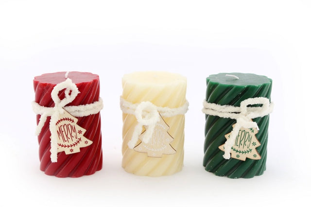 Three Twist Pillar Candles, Green, Cream & Red