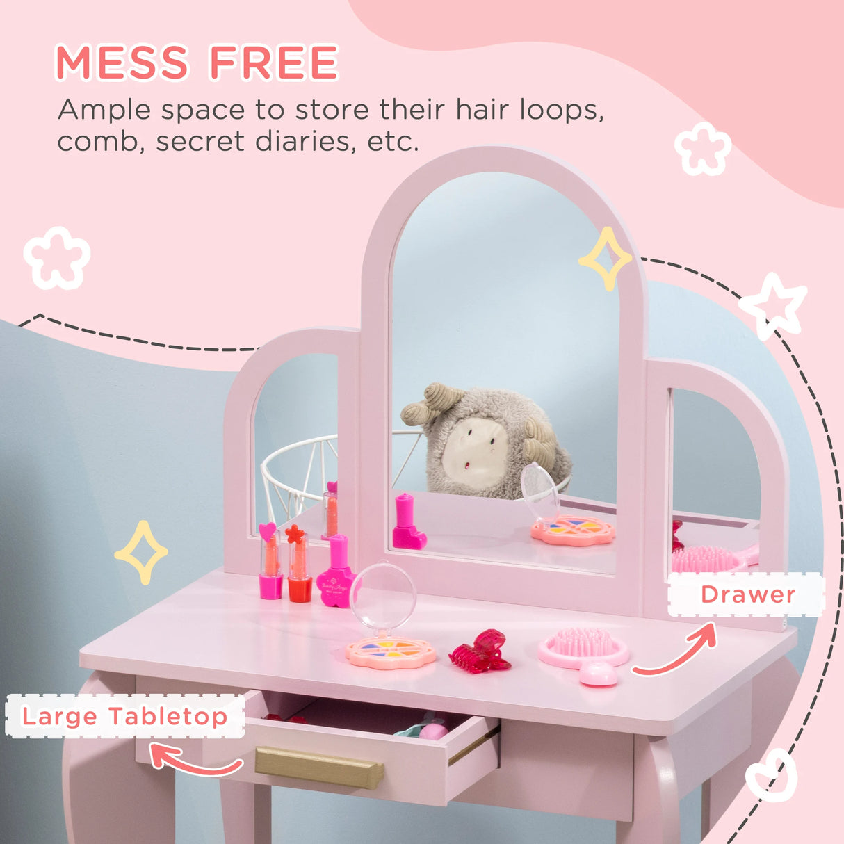 HOMCOM Kids Dressing Table Set, with Mirror and Drawer - Pink