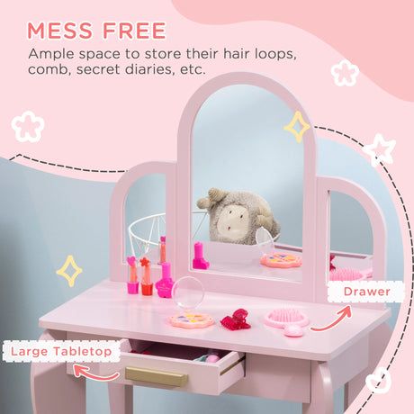 HOMCOM Kids Dressing Table Set, with Mirror and Drawer - Pink