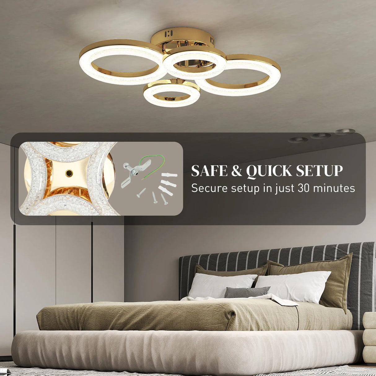 HOMCOM LED Ceiling Light, Modern 4 Rings Ceiling Lamp with Wall Switch Control, 40W 4350lm Flush Mount Ceiling Light with 3500K/4500K/6000K Colour Temperatures for Living Room, Bedroom, Gold Tone