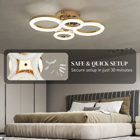 HOMCOM LED Ceiling Light, Modern 4 Rings Ceiling Lamp with Wall Switch Control, 40W 4350lm Flush Mount Ceiling Light with 3500K/4500K/6000K Colour Temperatures for Living Room, Bedroom, Gold Tone