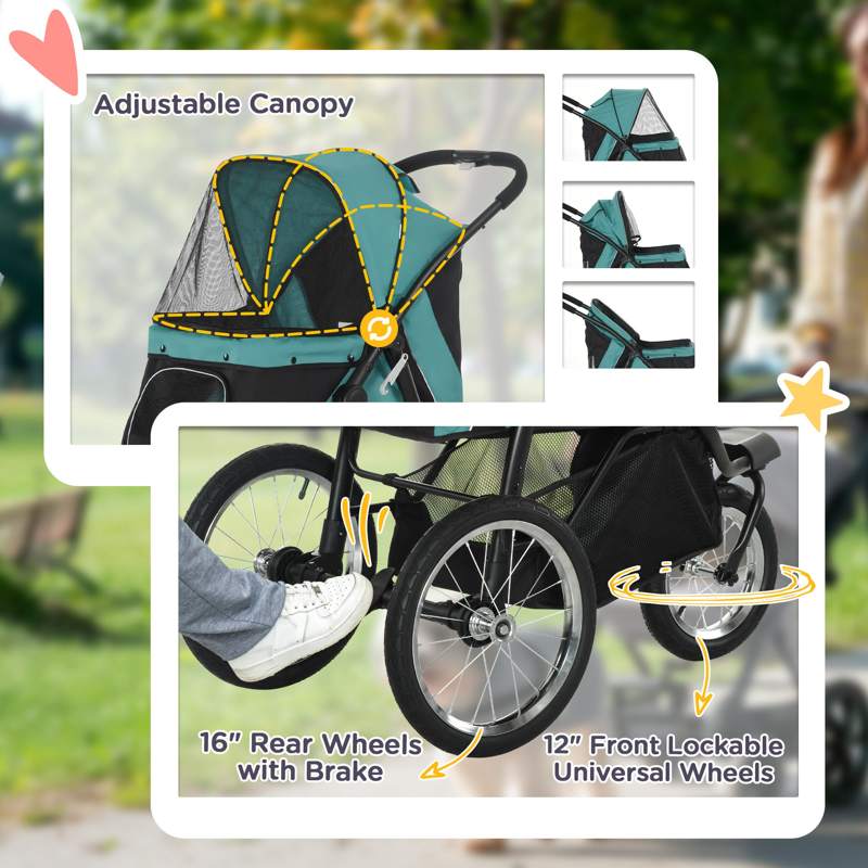 PawHut Foldable Pet Stroller Jogger, with Three Wheels, Canopy, for Medium and Small Dogs, Green