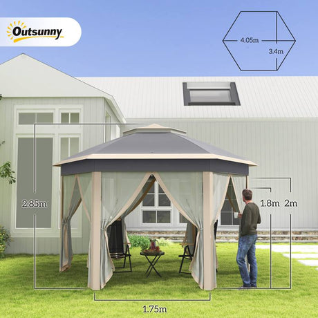 Outsunny Hexagon Pop Up Gazebo Outdoor Patio Gazebo Double Roof Instant Shelter with Netting, 3 x 4m, Khaki