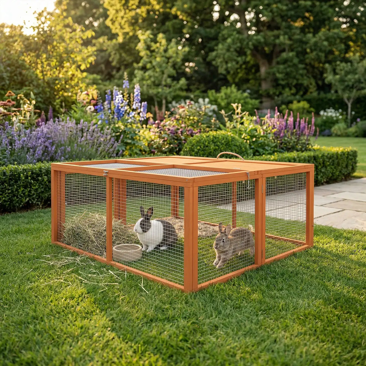 PawHut Wooden Folding Rabbit Hutch, for 2-3 Rabbits - Orange