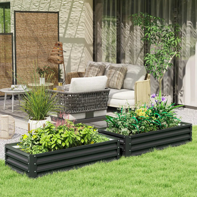 Outsunny Set of 2 Raised Beds for Garden, Galvanised Outdoor Planters for Herbs Vegetables, Use for Patio Balcony, Grey