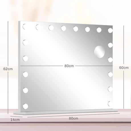 HOMCOM Hollywood Vanity Mirror with Lights, Large 80x62 cm Lighted Makeup Mirror with 3 Colour, 18 LED Bulbs, 10X Magnifying, USB Charging Port, Touch Screen, Tabletop or Wall Mounted Design, White