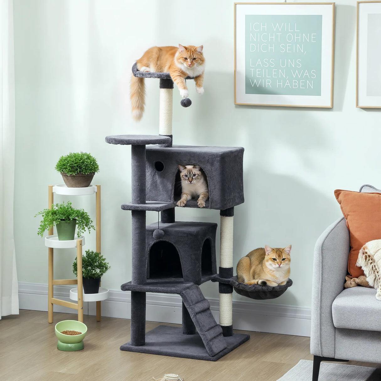 PawHut 140cm Large Cat Tree Tower with Sisal Scratching Posts, Cat Houses, Plush Perches, Hammock, Ladder, Dark Grey