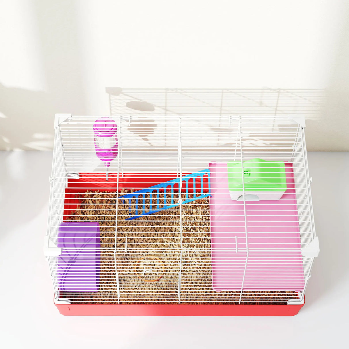 PawHut Hamster Cage, Small Gerbil Cage 2 Tiers Portable w/ Handle, Exercise Wheel, Water Bottle, Dishes