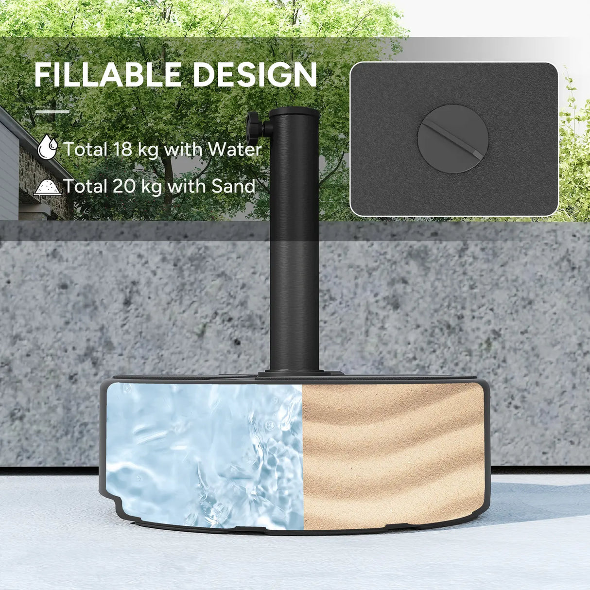 Outsunny Round Garden Parasol Base, Garden Umbrella Stand Heavy Duty Parasol Base, Filled Up to 20kg with Stand or 18kg with Water for 38, 48 mm Poles, Black