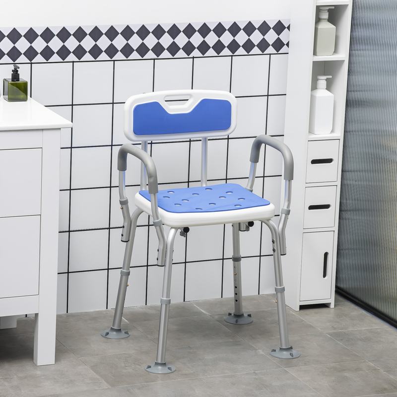 HOMCOM EVA Padded Shower Chair for the Elderly and Disabled, Height Adjustable Shower Stool with Back and Arms, 4 Suction Foot Pads, Blue