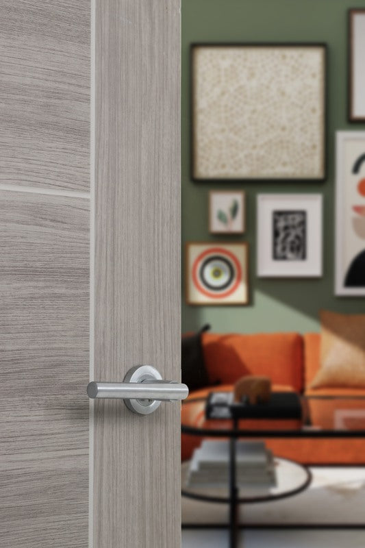 STATUS Nebraska Lever Door Handle on Round Rose - Satin Chrome - Each