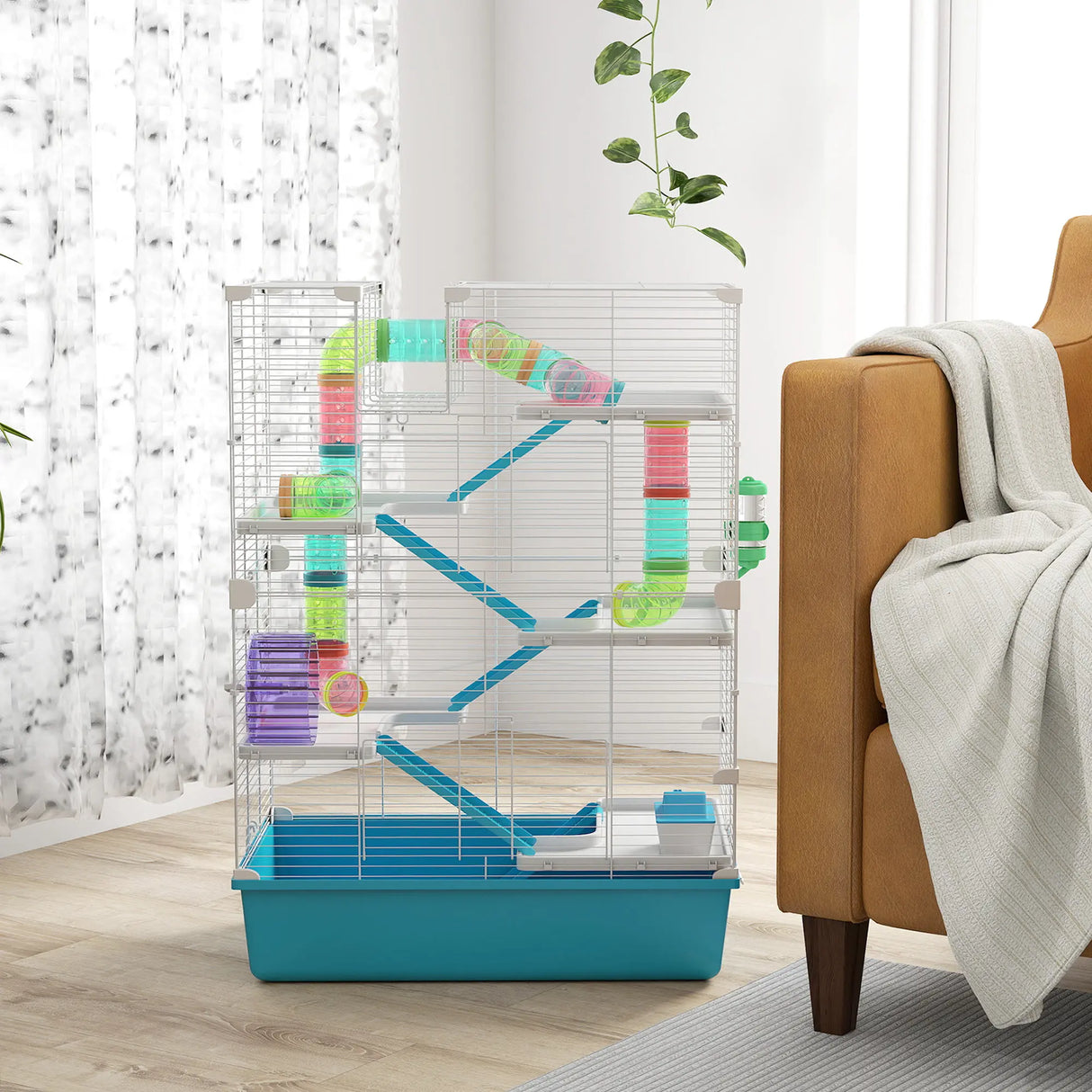 PawHut 6 Tier Hamster Cage, Small Animal Cage with Tubes, Exercise Wheel, Ramps, Hut, Food Dish, Water Bottle, Light Blue