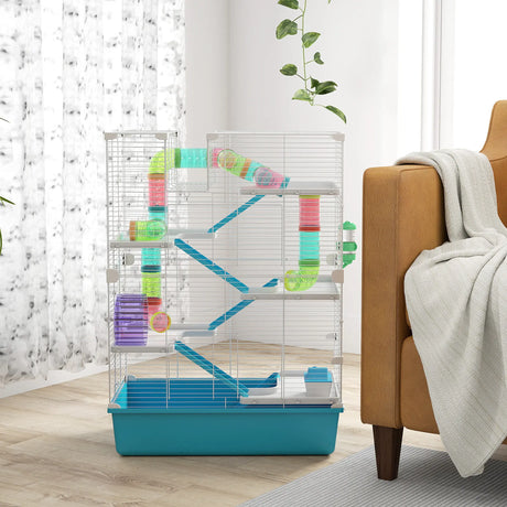 PawHut 6 Tier Hamster Cage, Small Animal Cage with Tubes, Exercise Wheel, Ramps, Hut, Food Dish, Water Bottle, Light Blue