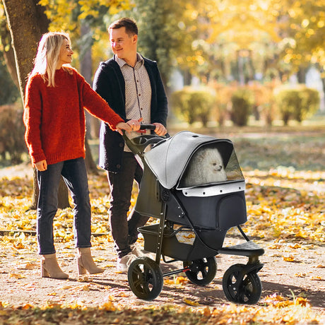 PawHut Dog Stroller Pram, 3-Wheel Foldable Pet Stroller with Invisible Sky Roof, for Small Dogs & Cats, Red