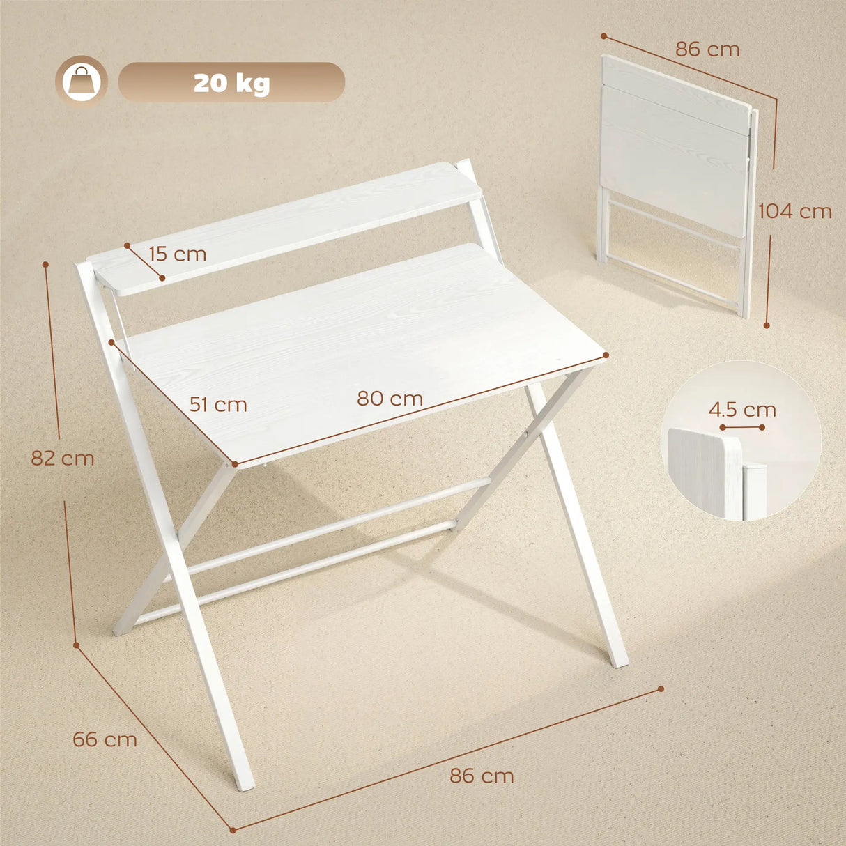 HOMCOM Compact Folding Desk for Small Spaces with Storage Shelf for Home Office, White