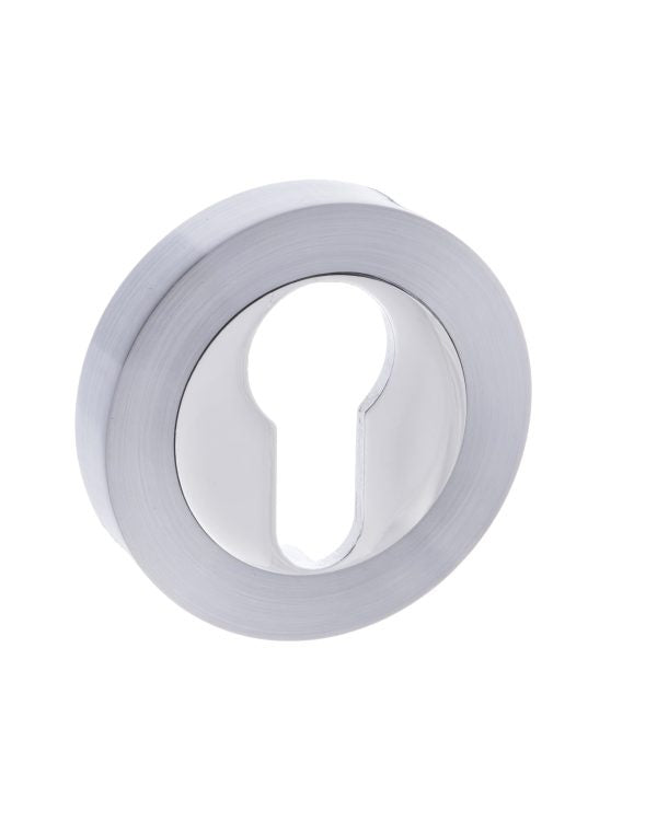 Mediterranean Euro Escutcheons on Round Rose - Satin Chrome/Polished Chrome - Pair