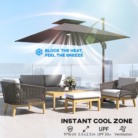 Outsunny 2.5m Cantilever Parasol with Solar Powered LED Lights, 360 Rotation, Tilt Adjustment, Crank Handle, Dark Grey