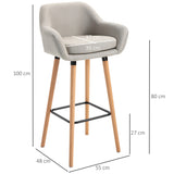 HOMCOM Set of 2 Bar Stools Modern Upholstered Seat Bar Chairs w/ Metal Frame, Solid Wood Legs Living Room Dining Room Fabric Furniture - Beige