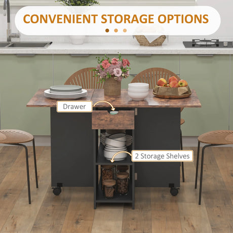 HOMCOM Folding Dining Table, Drop Leaf Table for Small Spaces, Foldable Table with Drawer and Storage Shelves for Kitchen, Dining Room, Rustic Brown