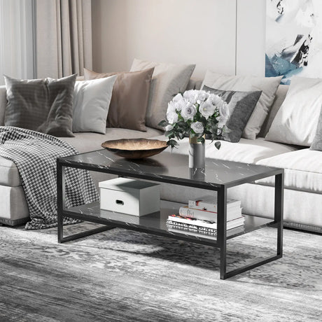 HOMCOM Coffee Table, Two-Tier Faux Marble Effect Centre Table with Metal Frame and Storage Shelf for Living Room, 106 x 50 x 45cm, Black