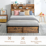 HOMCOM Industrial Double Bed Frame, 4.6FT Steel Bed Base with Storage Headboard, Footboard, Slatted Support and Under Bed Storage, 141 x 207cm, Rustic Brown