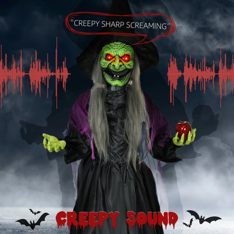 HOMCOM 180 cm Life Size Halloween Animated Standing Witch, Spooky Witch with Glowing LED Eyes,  Battery Operated