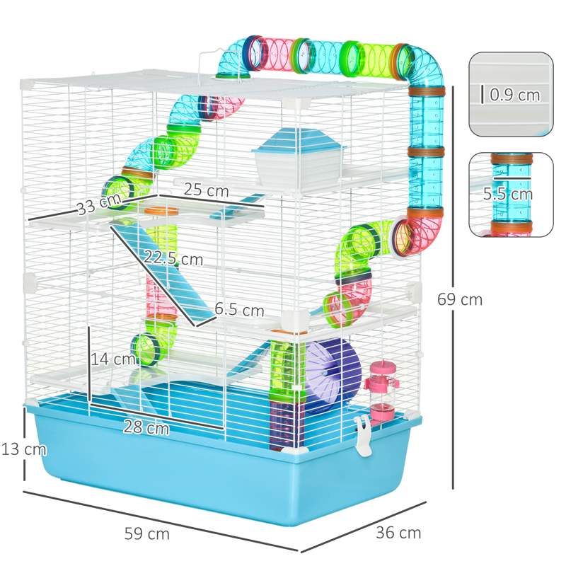 PawHut Hamster Cage w/ Water Bottle, Exercise Wheel, Tubes, Ramps - Light Blue