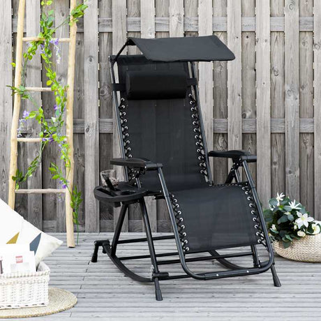 Outsunny Garden Rocking Chair Folding Recliner Outdoor Adjustable Sun Lounger Rocker Zero-Gravity Seat with Headrest Side Holder Patio Deck - Black