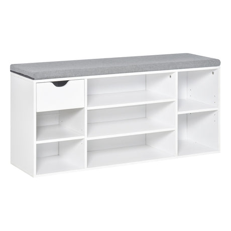 HOMCOM Shoe Bench with Seat Cushion Shoe Storage Cabinet with 7 Compartments Drawer Adjustable Shelves for Entryway Hallway Living Room White and Grey