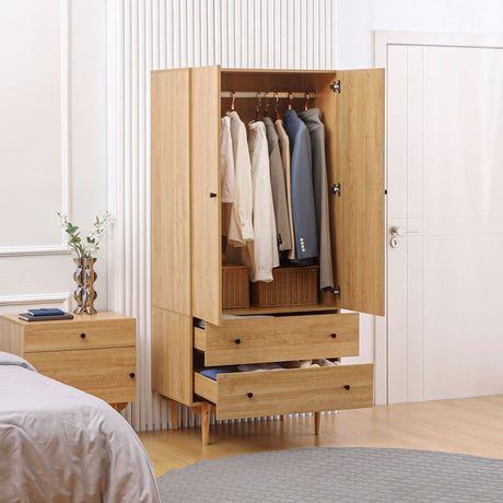 HOMCOM Wardrobe with 2 Doors, 2 Drawers, Hanging Rail for Bedroom Clothes Storage Organiser, 80x52x180cm, Natural Tone