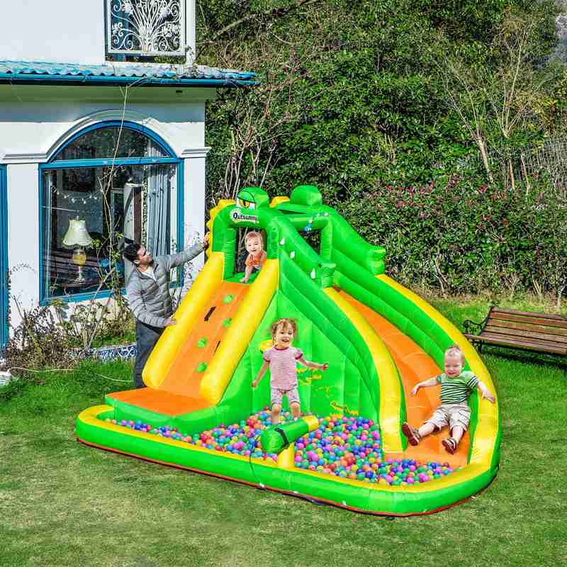 Outsunny 5 in 1 Kids Bouncy Castle Large Crocodile Style Inflatable House Slide Basket Water Pool Gun Climbing Wall with Blower Carrybag for Kids Age 3-8, 3.85 x 2.85 x 2.25m