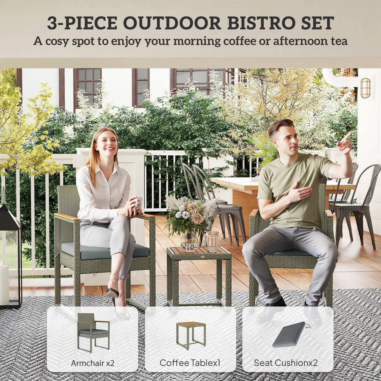 Outsunny Three-Piece Rattan Chair Set - Grey