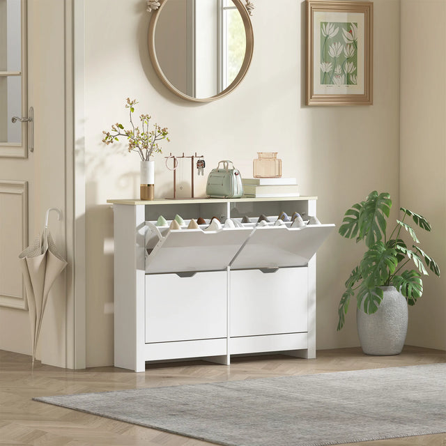 HOMCOM Slim Shoe Cabinet, Narrow Shoe Cupboard with 4 Flip Drawers, Adjustable Shelves for 16 Pairs of Shoes, White