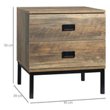 HOMCOM Retro Bedside Table, End Side Table with 2 Drawers, Metal Frame for Bedroom, Living Room, Coffee