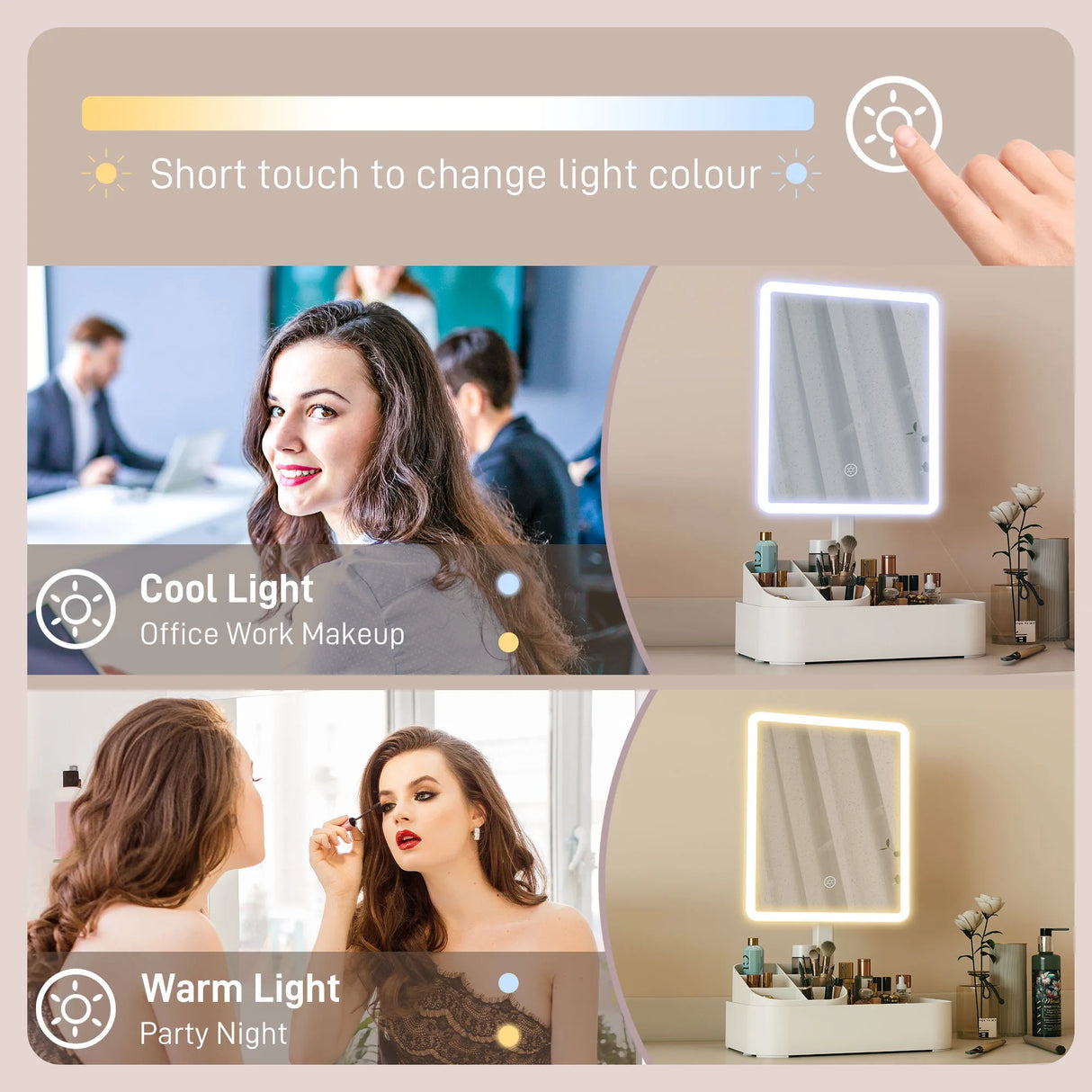 HOMCOM Makeup Mirror with Lights, Rechargeable Vanity Mirror w/ Touch Screen, 2 Lighting Modes and 180 Rotation, White